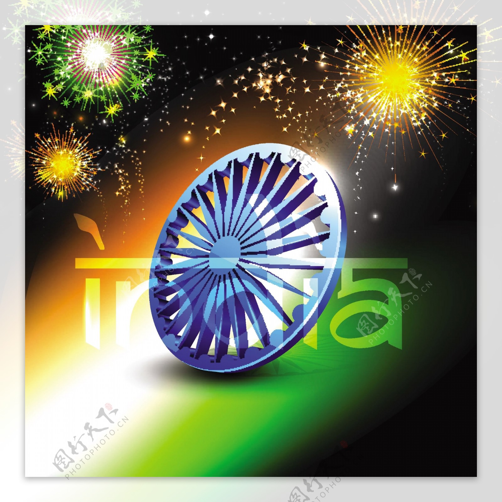 印度国旗颜色的背景与3D阿育王轮