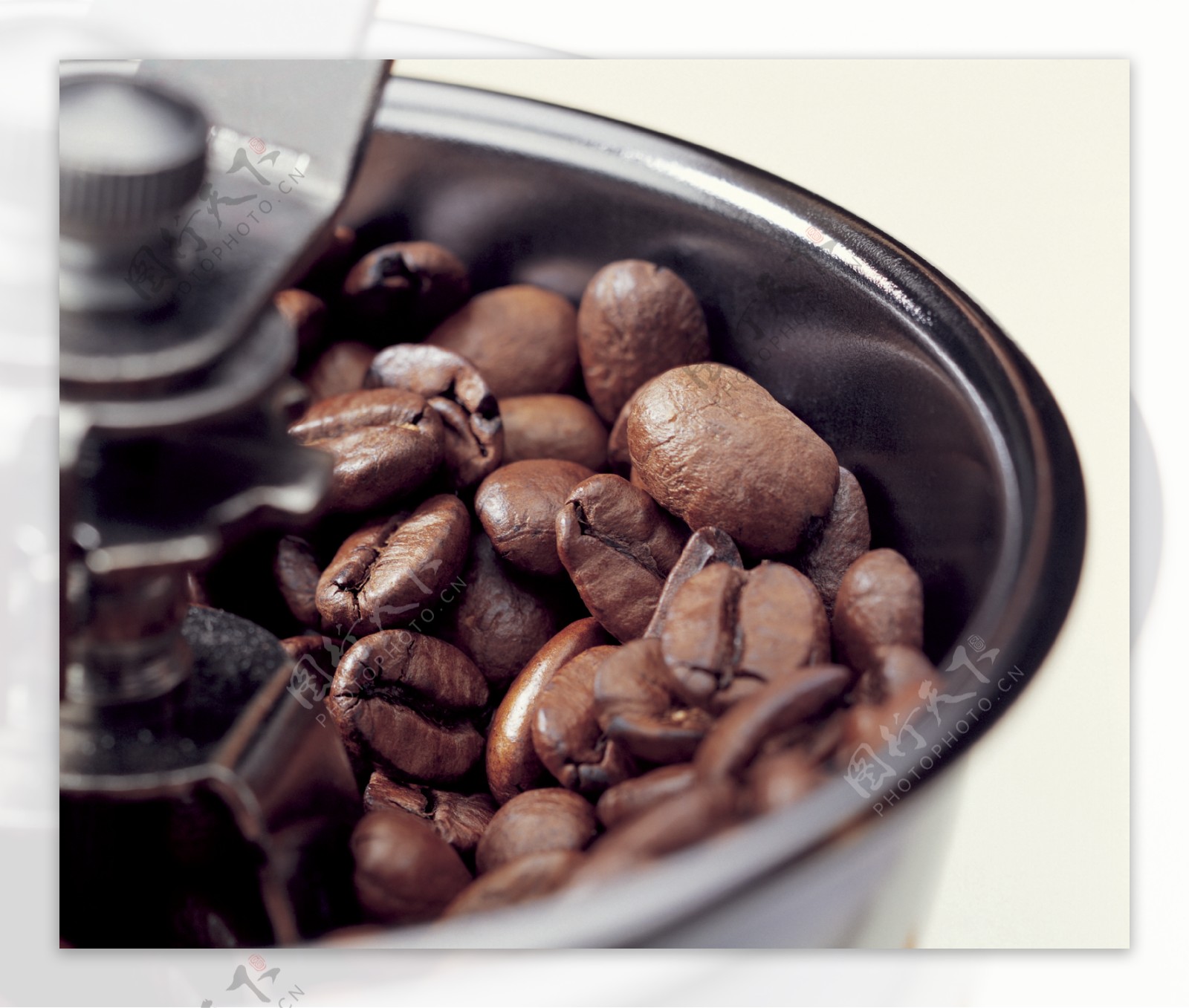 研磨机里的咖啡豆特写咖啡豆咖啡种子