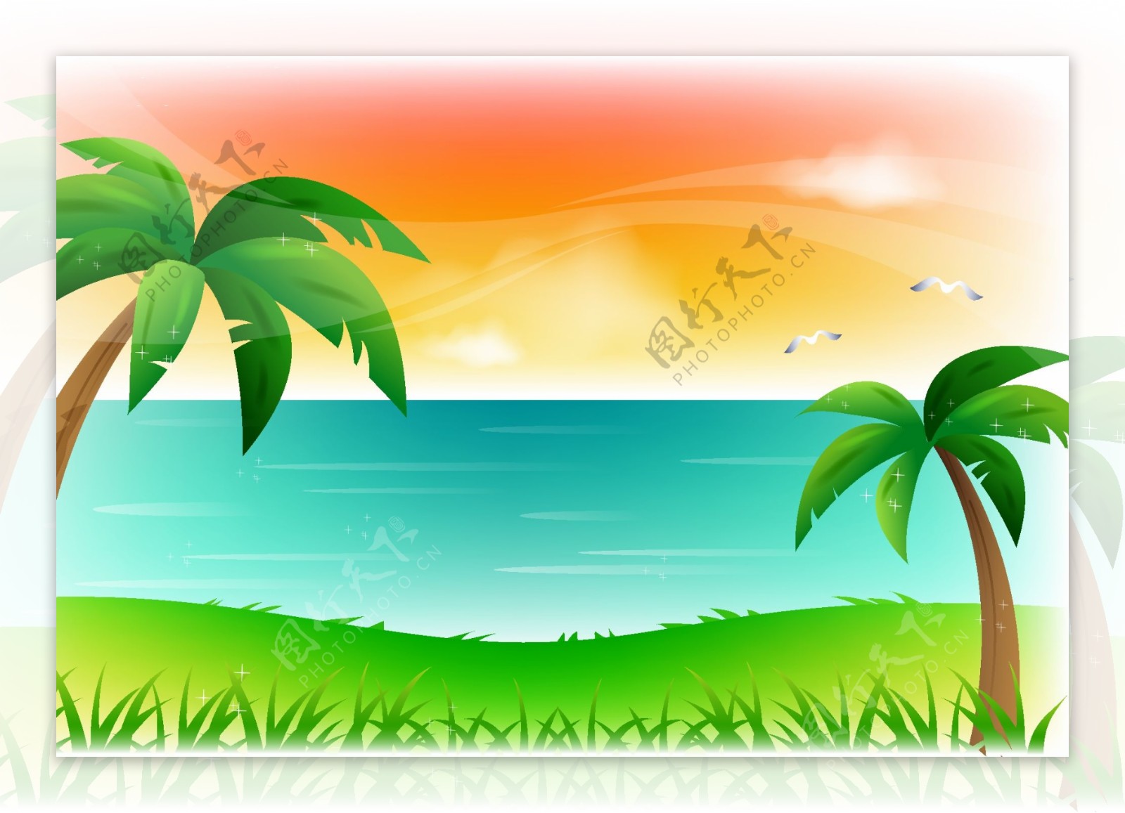 椰子树海滨景色矢量图下载