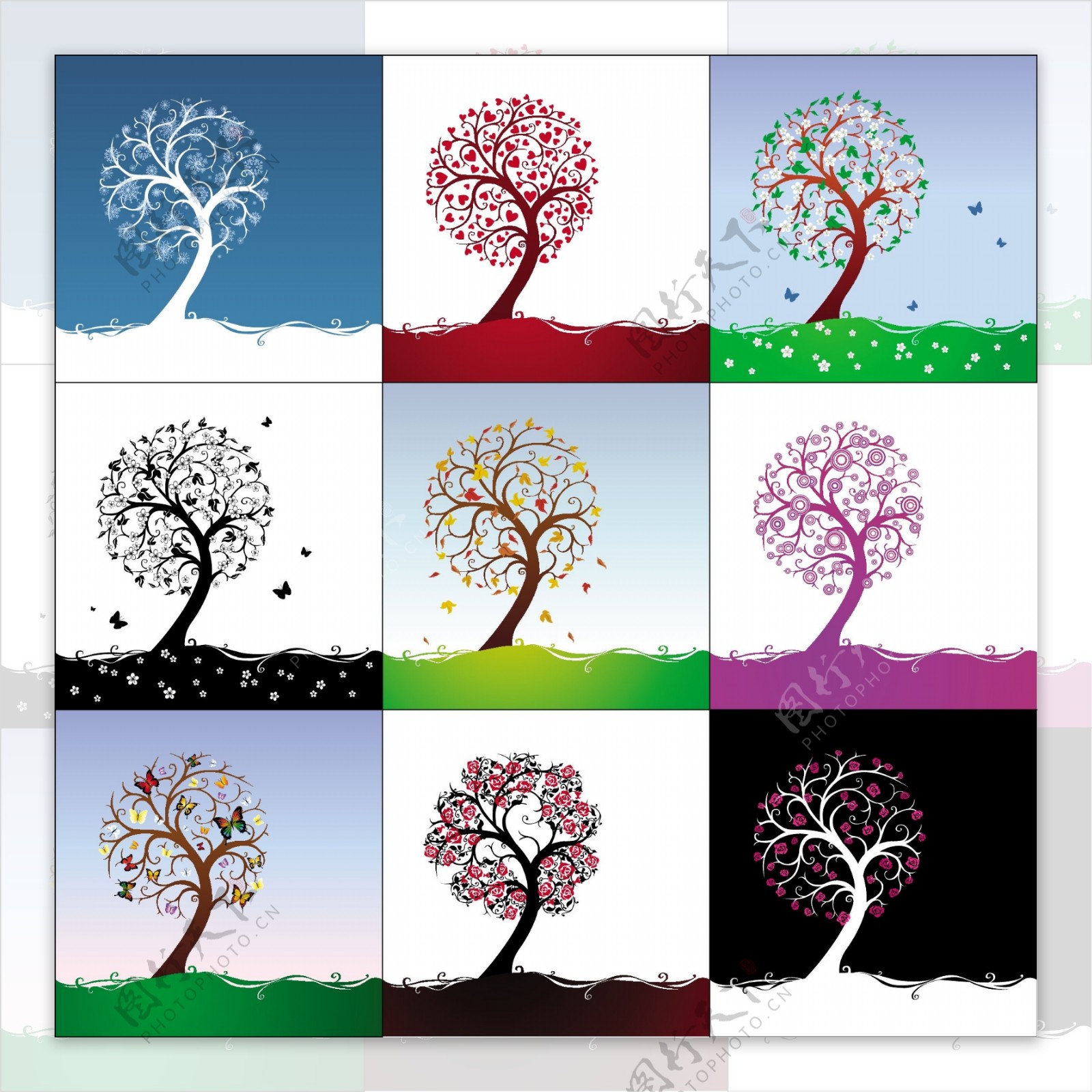一组精美的不同色调和季节的抽象树矢量素材