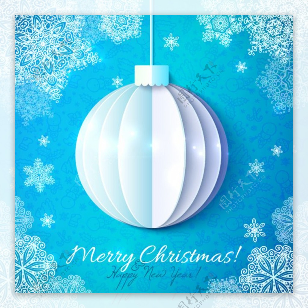 蓝色圣诞风格折纸吊球背景矢量素材