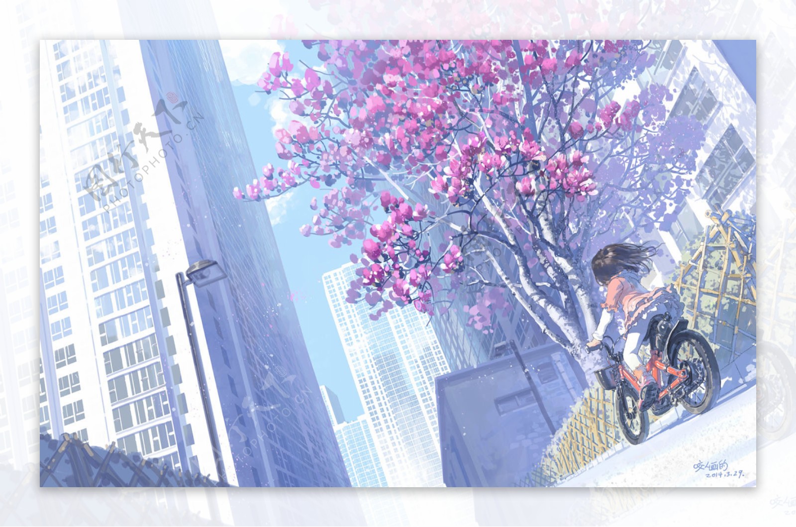 在城市骑单车的小女孩插画