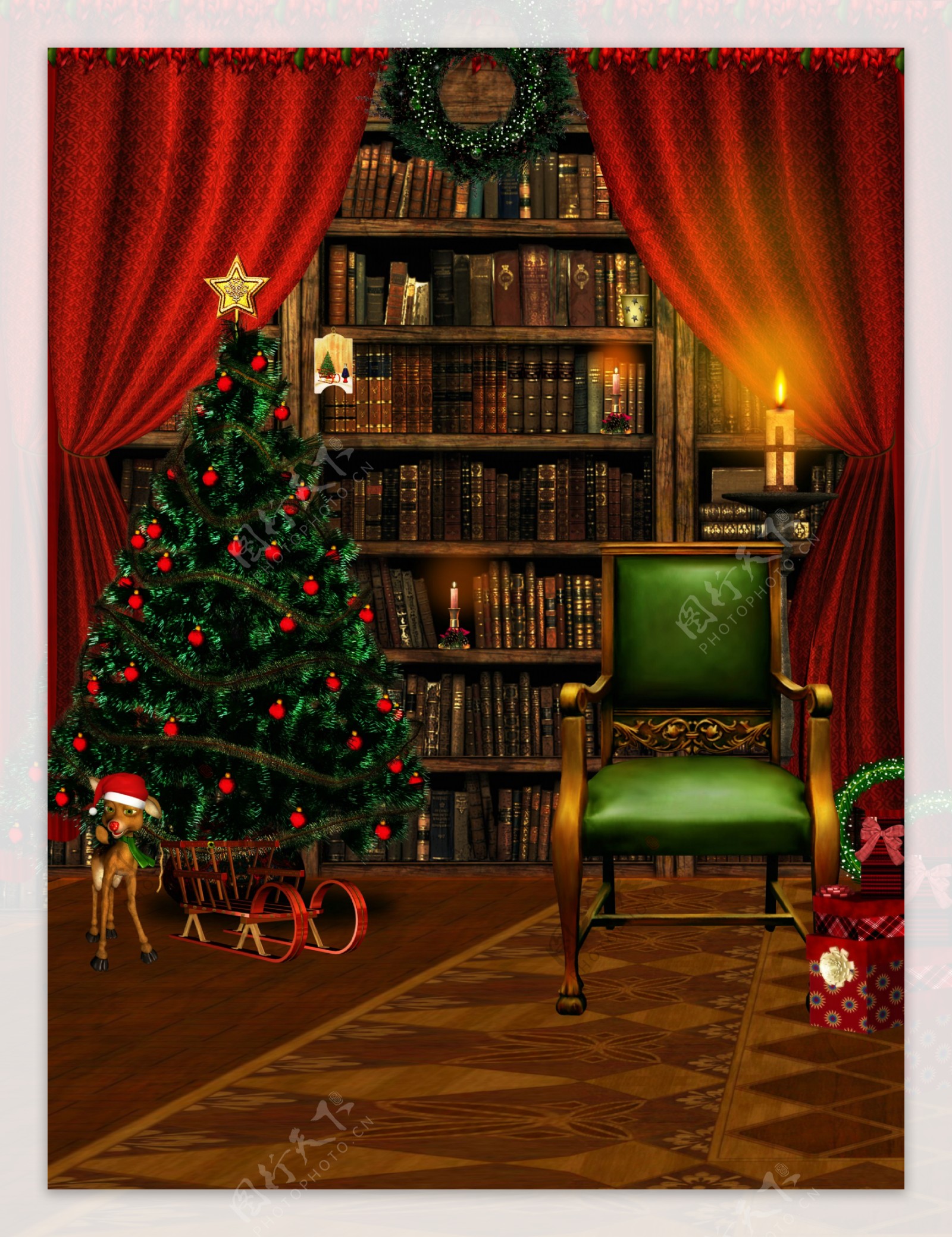 圣诞节书房布置手绘背景