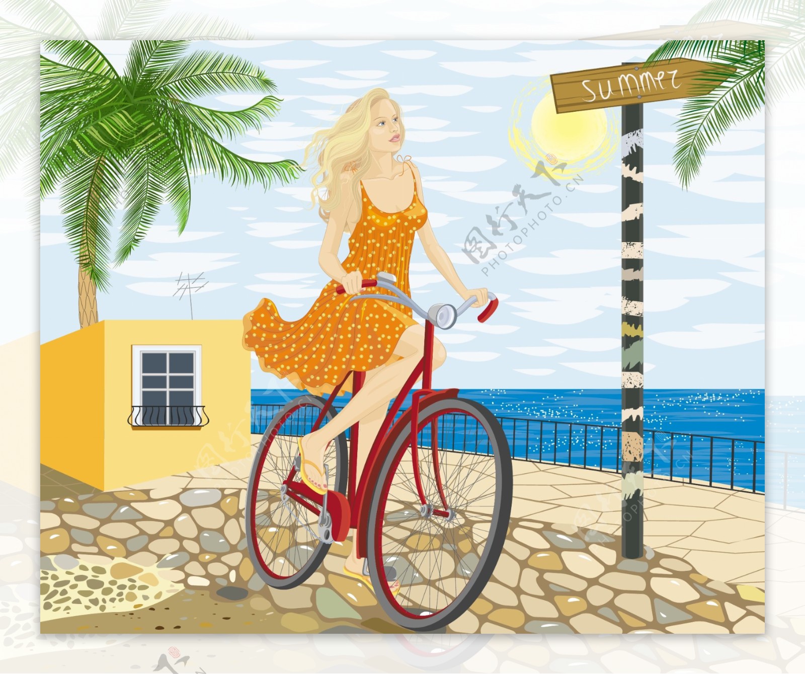 海边骑着自行车的美女图片