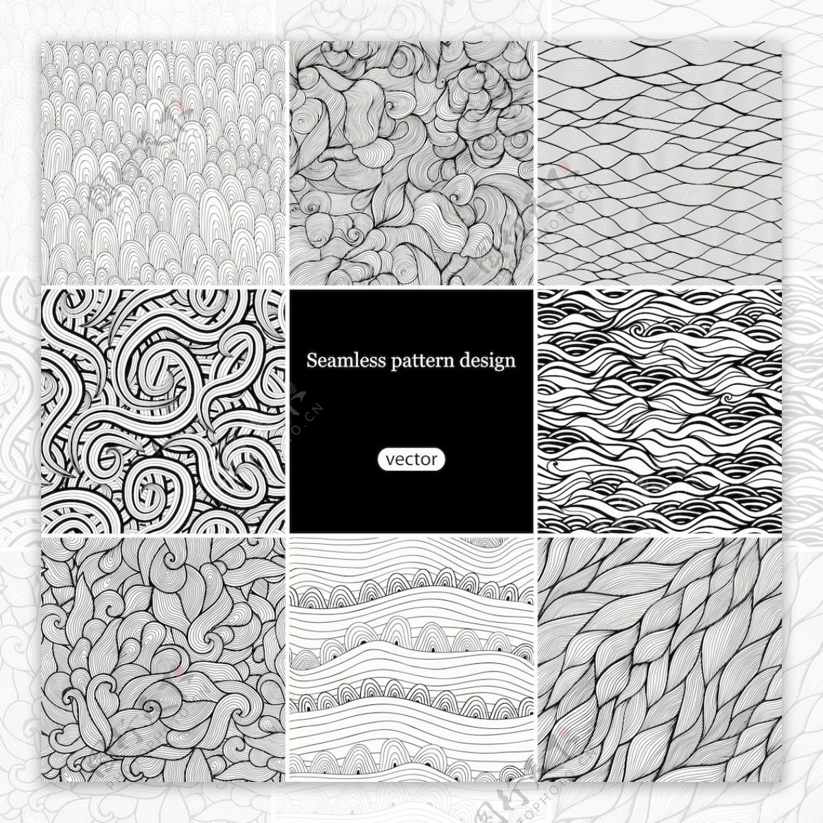 八集的黑色和白色的波模式无缝平铺无缝模式可用于墙纸