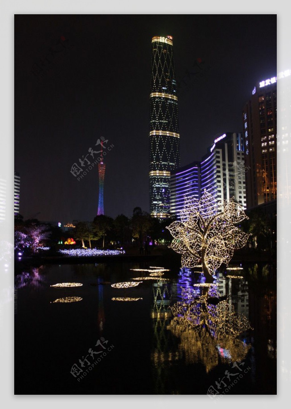 广州塔西塔水中光树图片