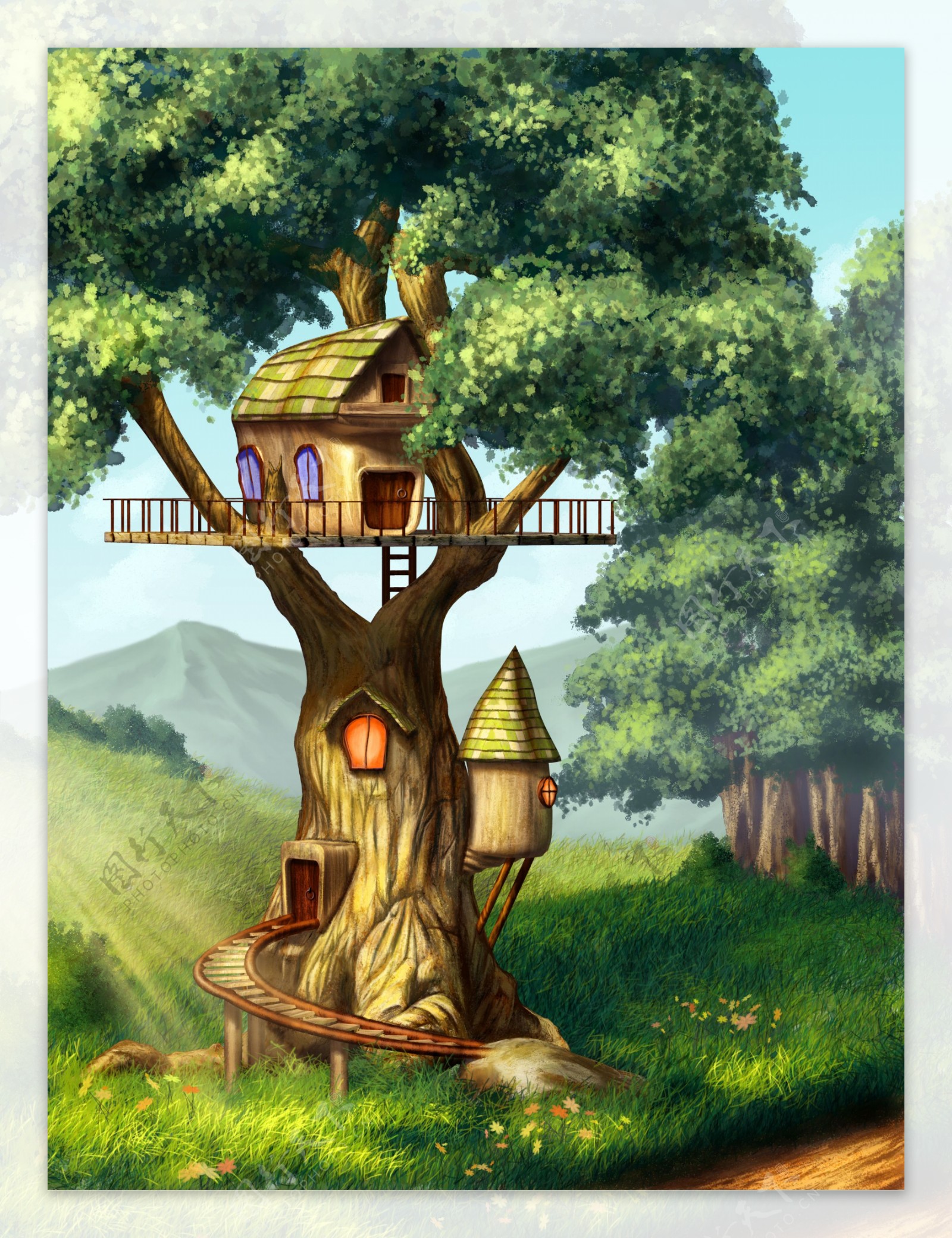 卡通树木房子图片