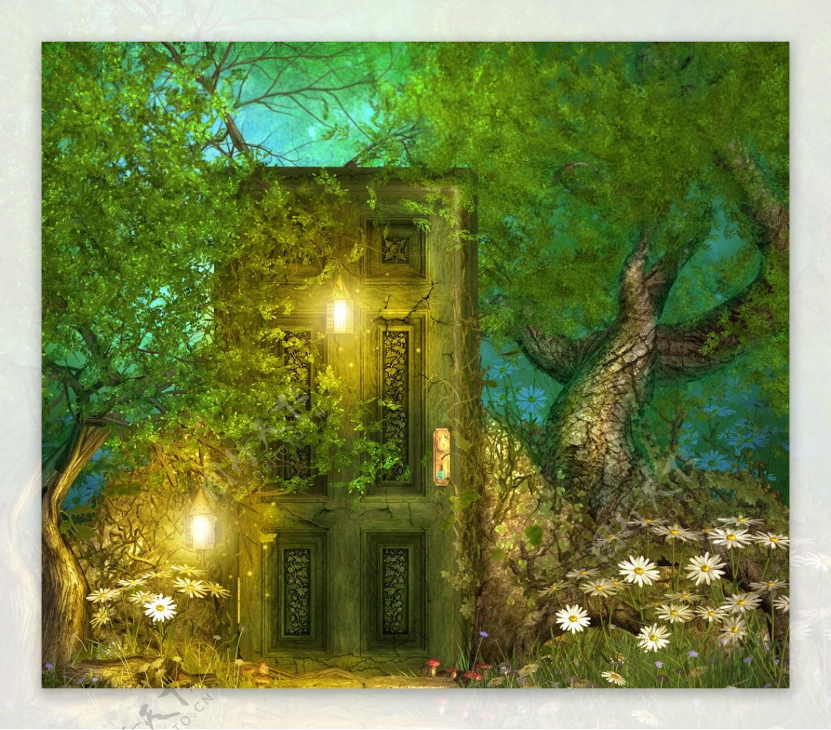 童话背景城堡油灯绿树蘑菇花朵图片