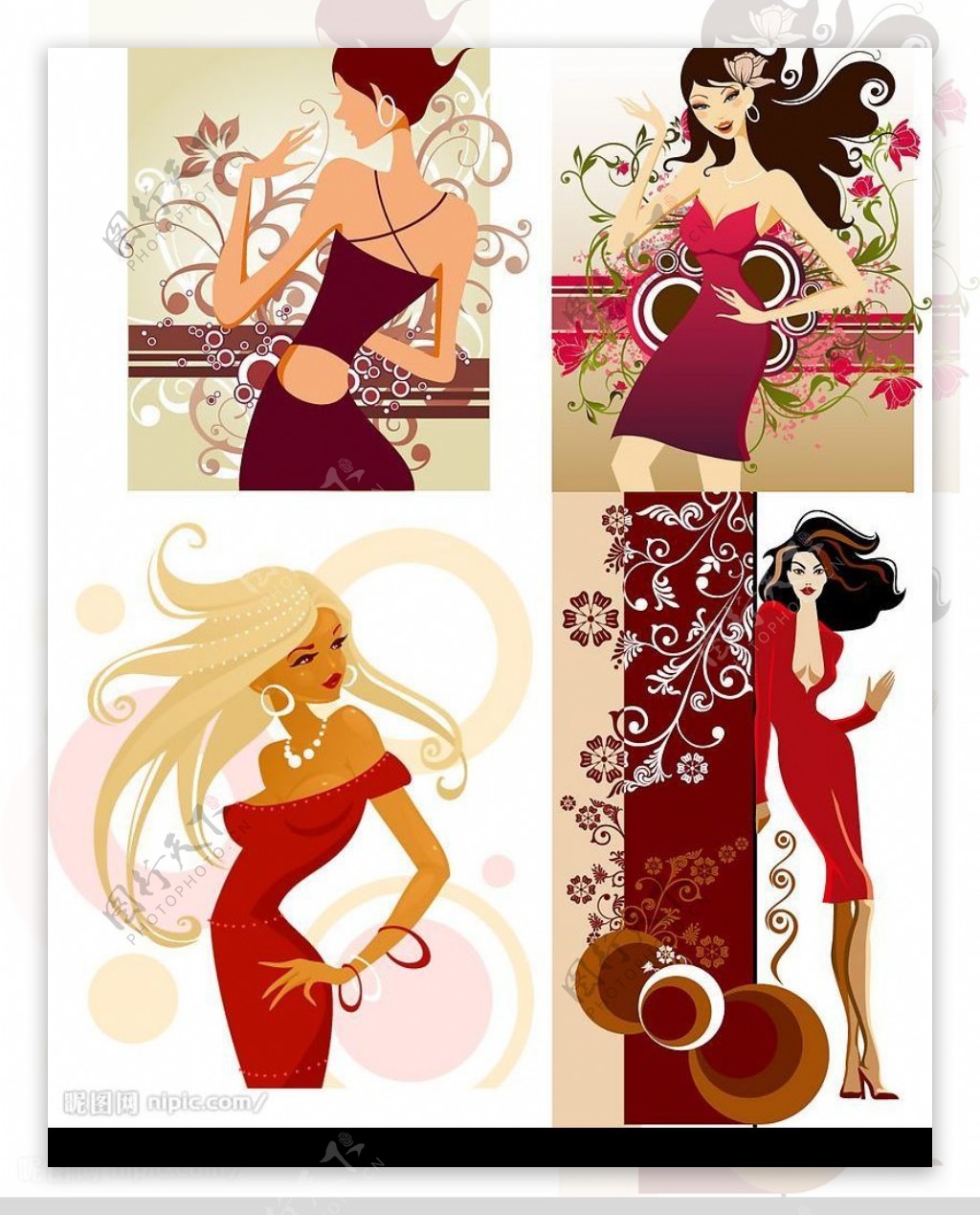 时尚女性与花纹插画矢量素材1图片