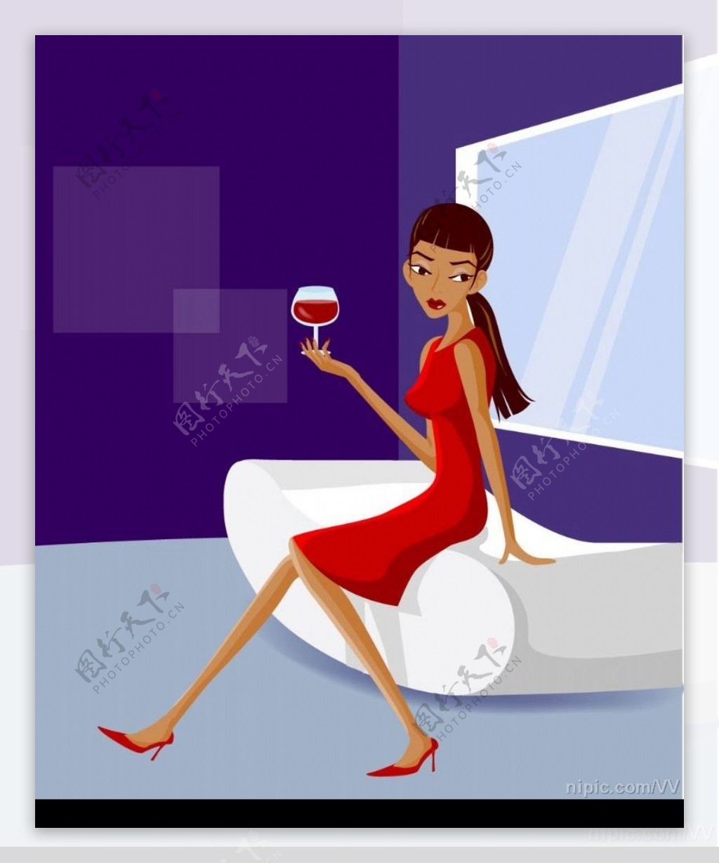红衣女郎喝红酒图片