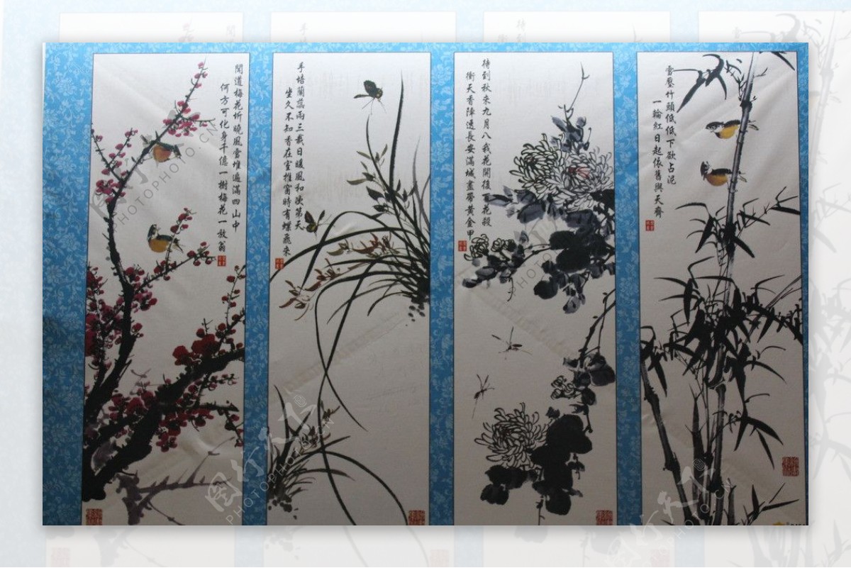中国国画梅花与竹叶图片