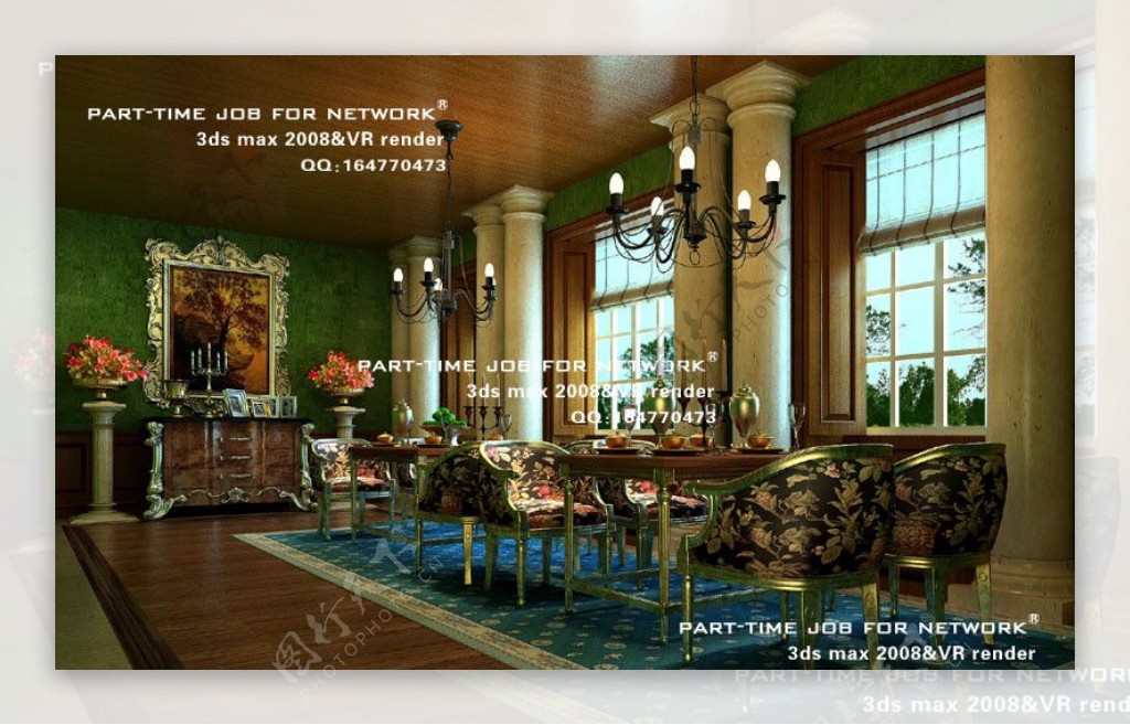 豪华欧式餐厅3dsmax室内模型vray带全部贴图图片