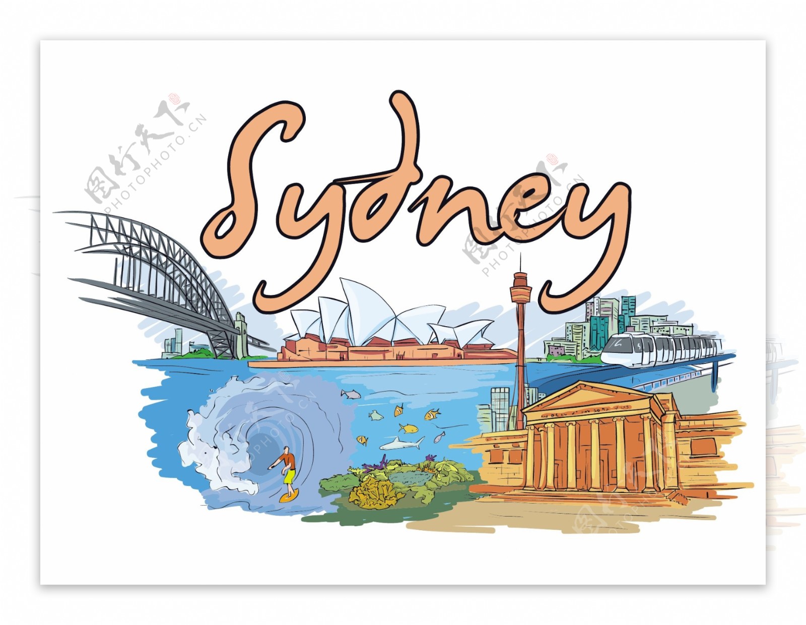手绘澳大利亚悉尼城市建筑风光图片