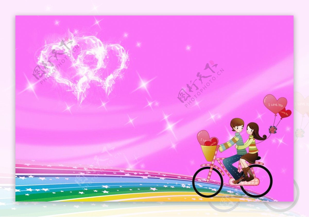 粉红爱心唯美浪漫自行车情侣图片