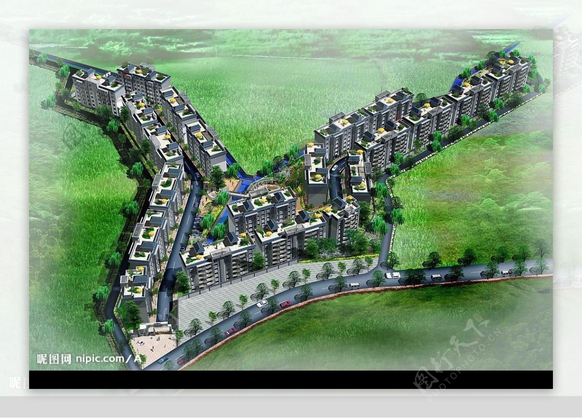 经济实用型小区住宅广场以及城市鸟瞰图图片