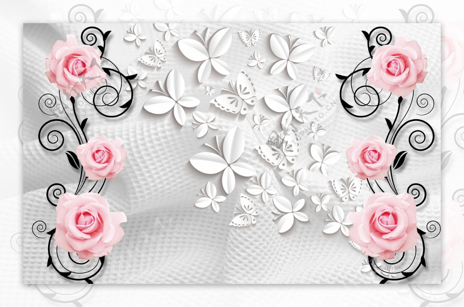 粉玫瑰蝴蝶壁画图片