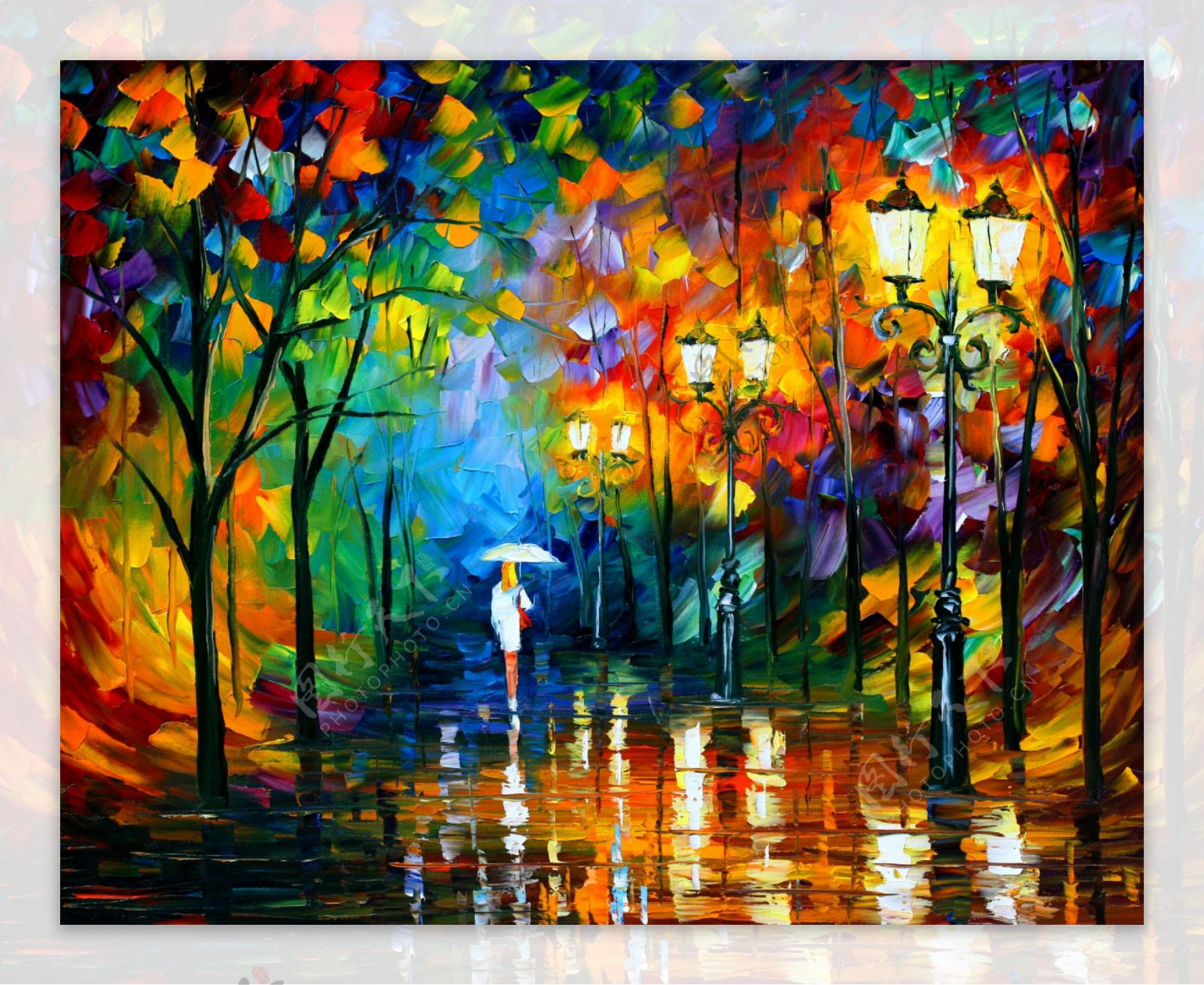 油画雨夜漫步图片