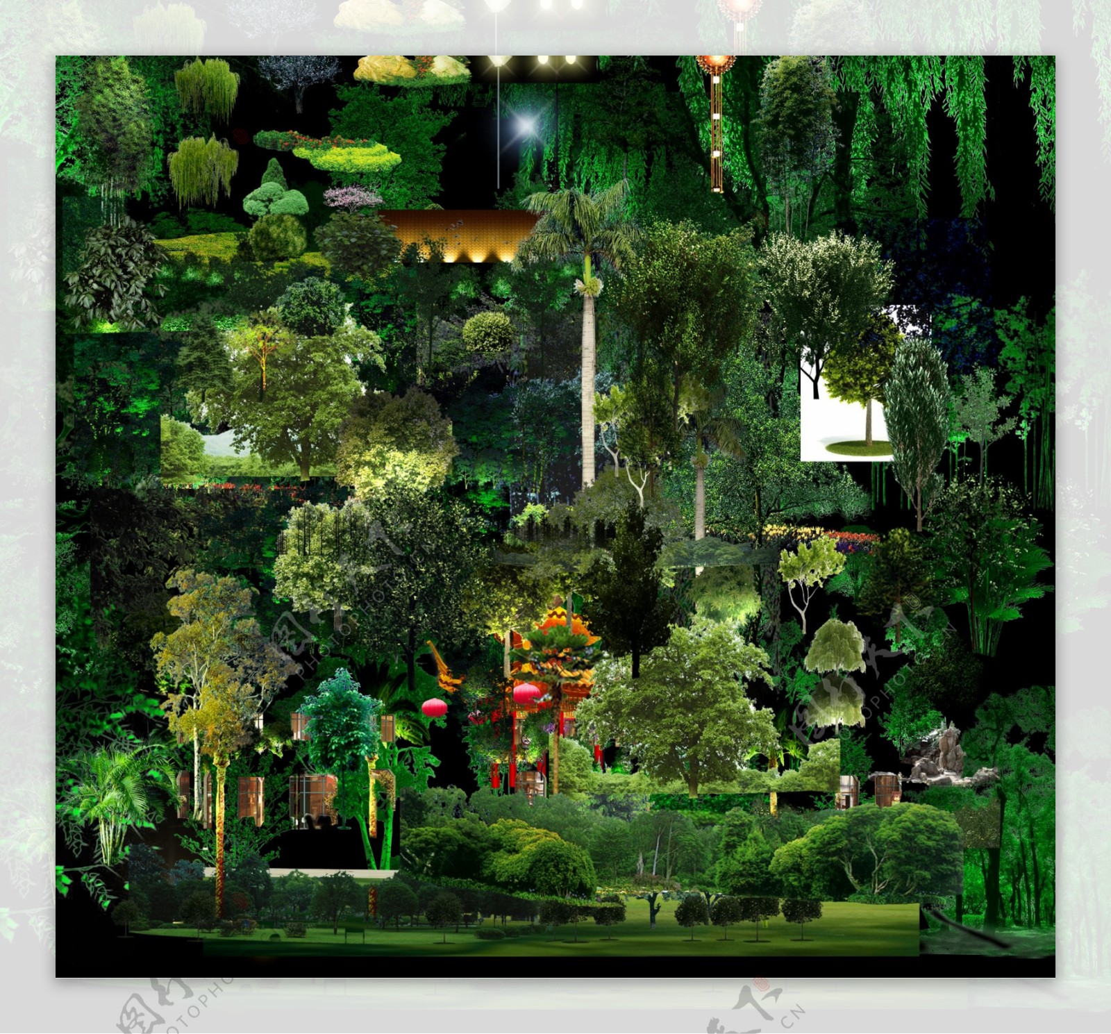 绿化绿树夜景效果素材图片