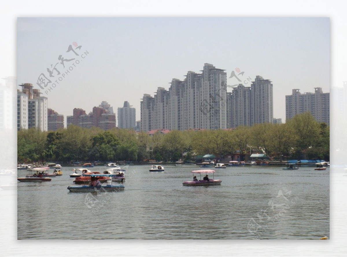 上海长风公园的湖已经外面的建筑图片