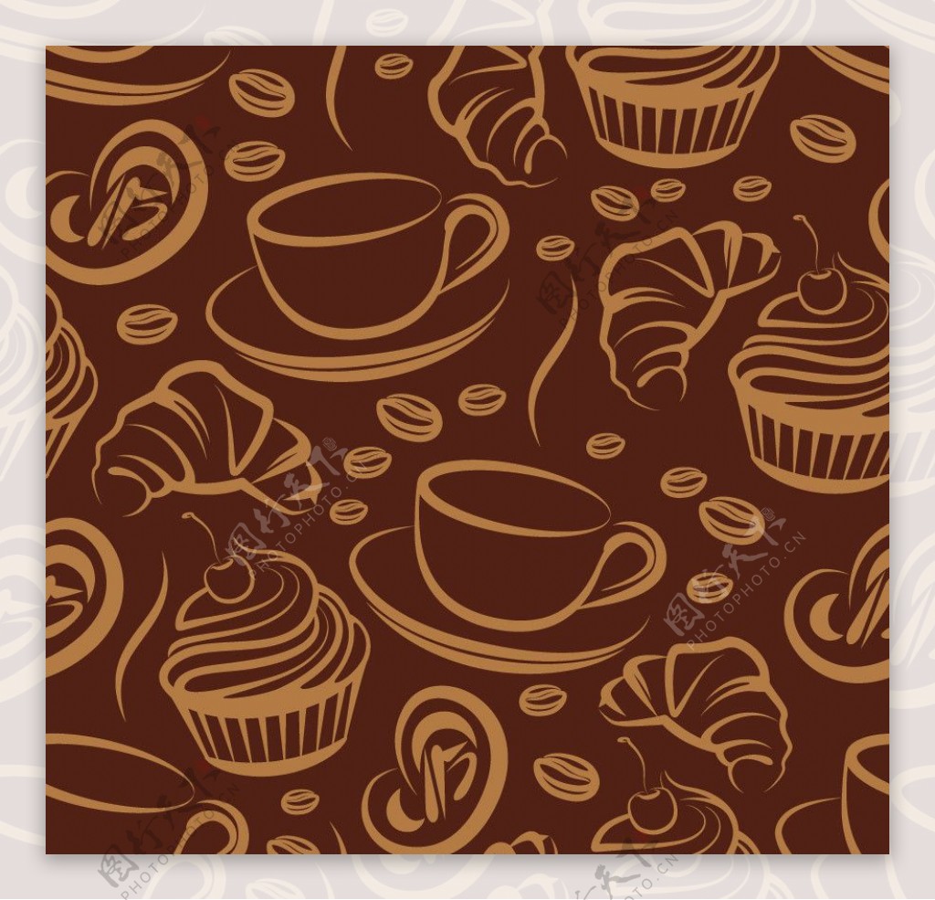 手绘线条咖啡蛋糕花纹图片