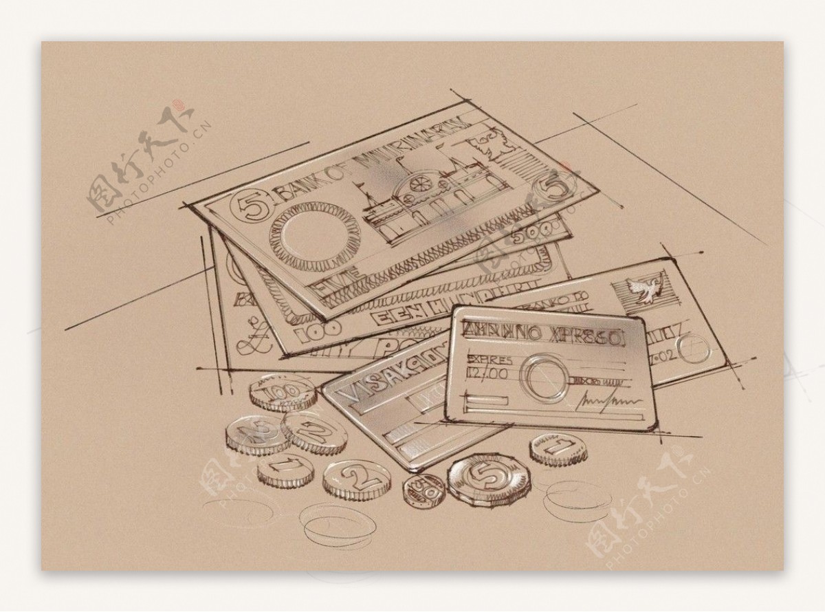 手绘办公室用品钞票图片