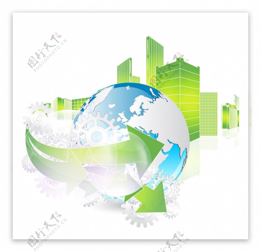 绿色动感箭头地球齿轮城市建筑图片