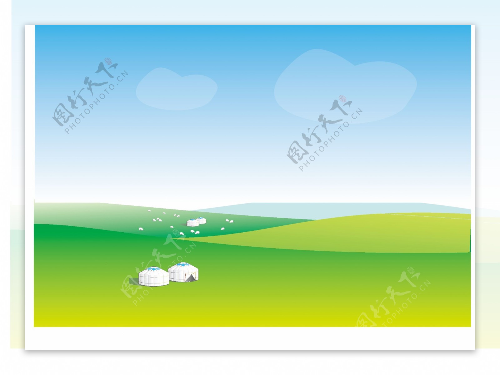 蓝天草原绿地蒙古包羊群图片