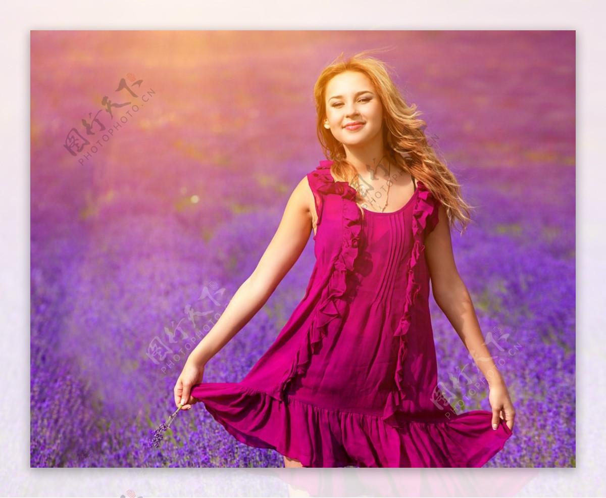 紫色花海美女风景图片