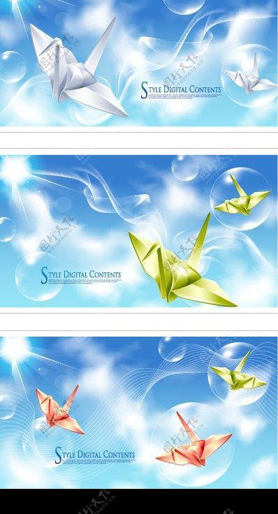 七款纸鹤与梦幻气泡背景图片
