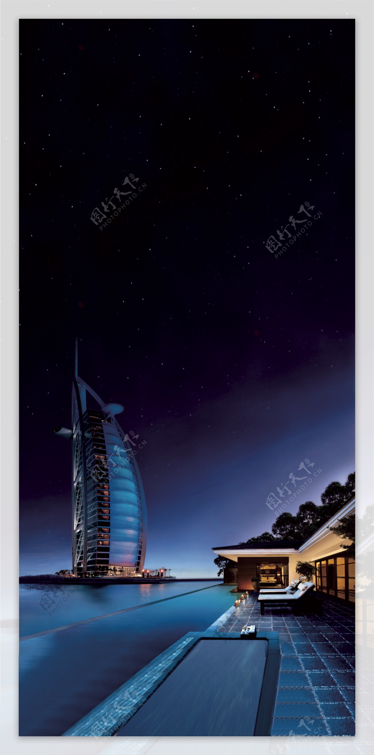 蓝色船帆酒店海上夜景迪拜图片