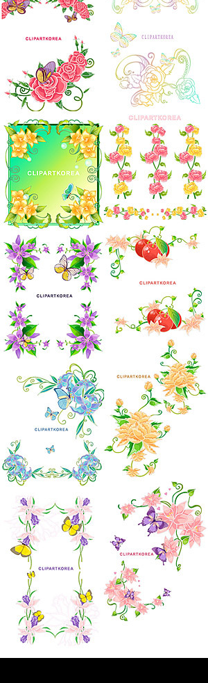 韩国花边花卉与蝴蝶矢量素材图片