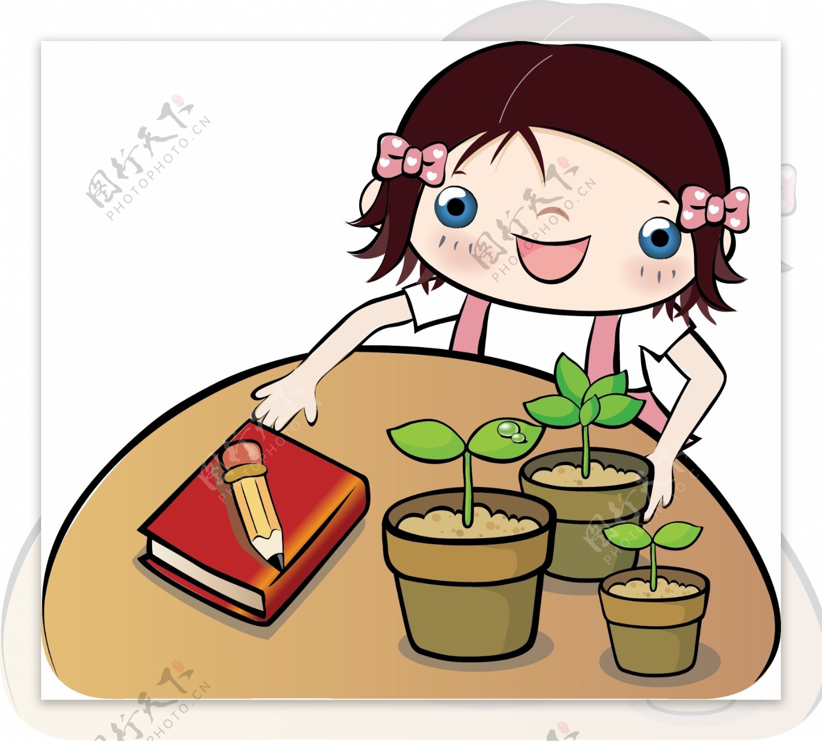 观察盆栽的女孩图片