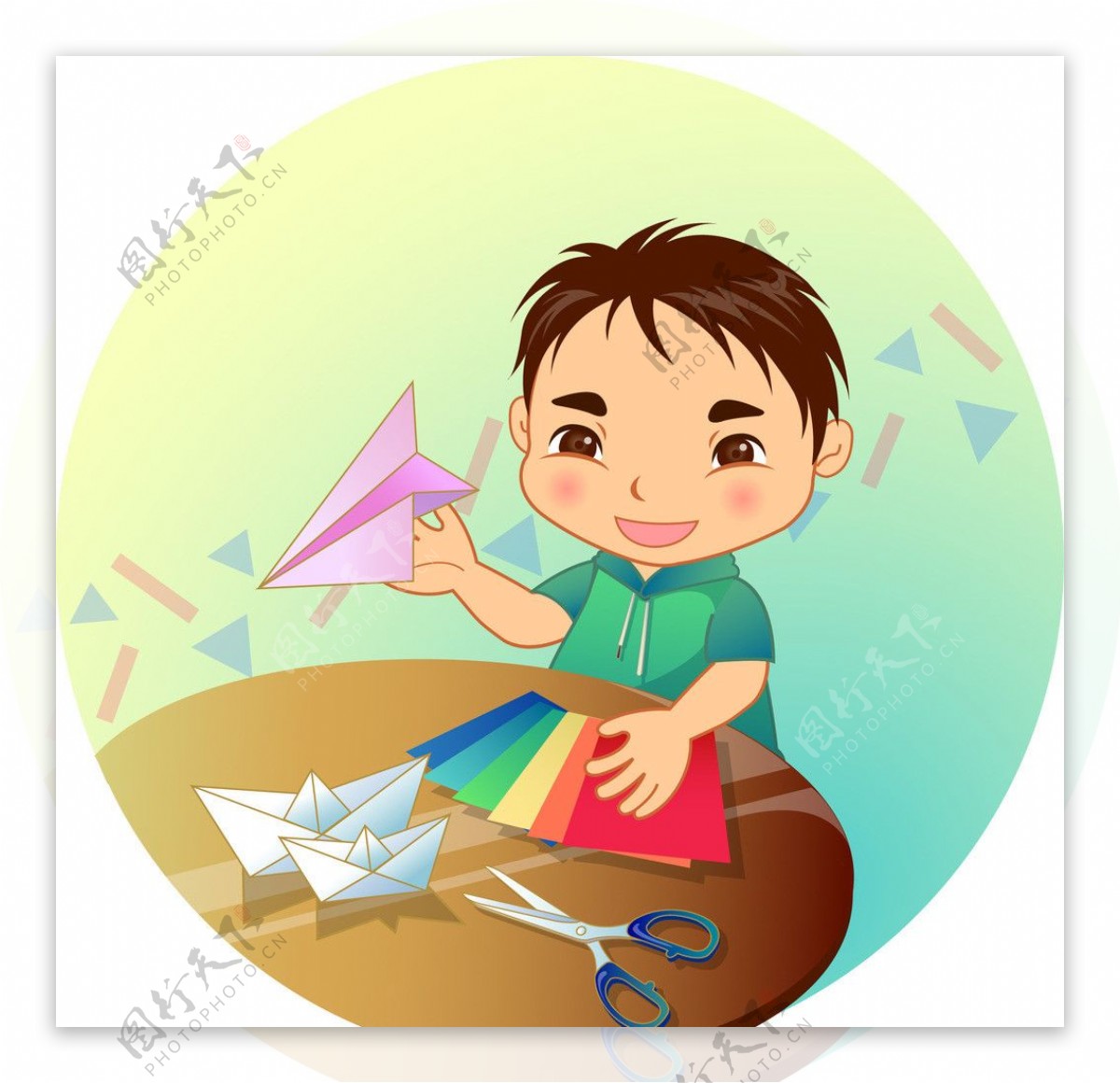 折纸飞机和纸船的男孩图片