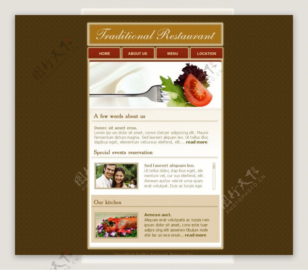 美食餐厅刀叉蔬菜番茄鲜艳烤鸭人物诱人棕色背景网页模版PSD分层素材餐厅网站图片