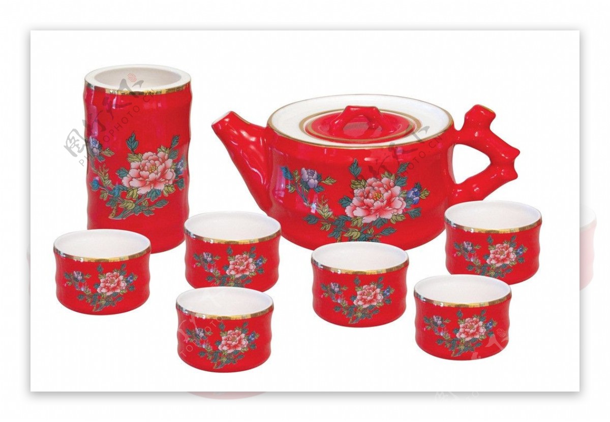 牡丹图红釉茶具图片