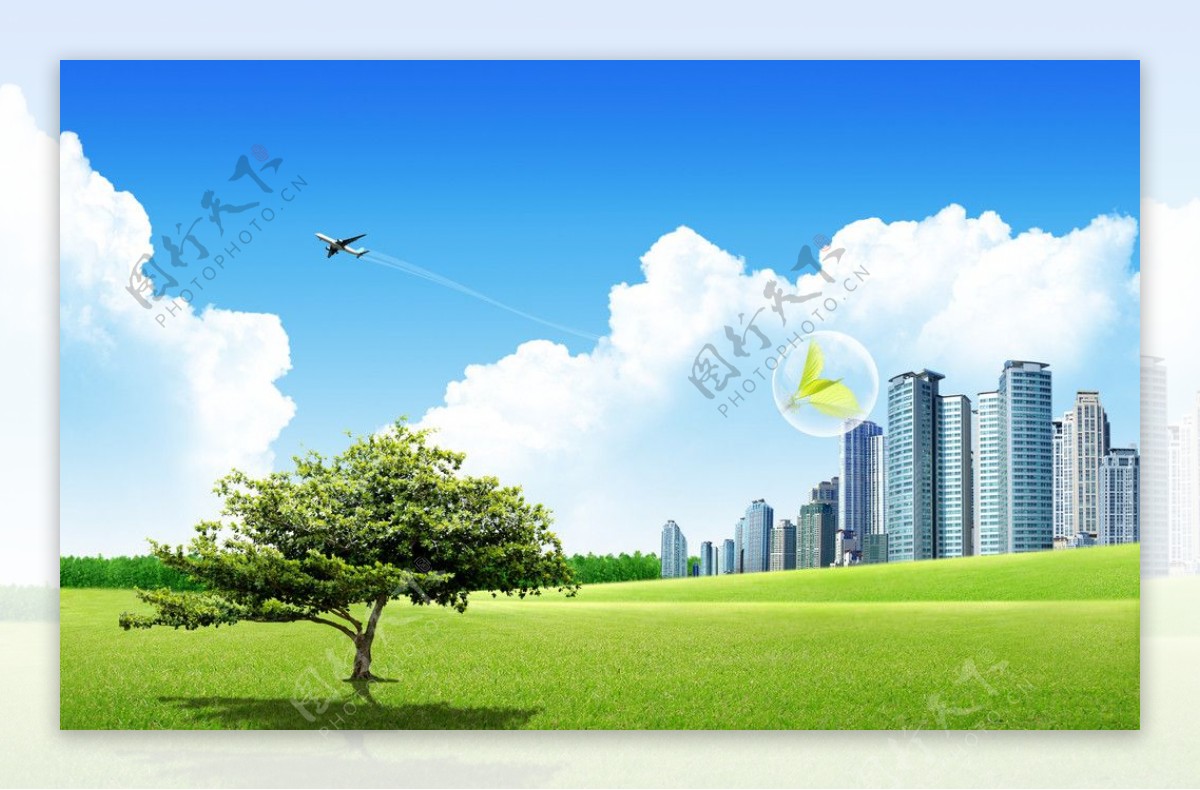蓝天白云草地绿树都市海报图片