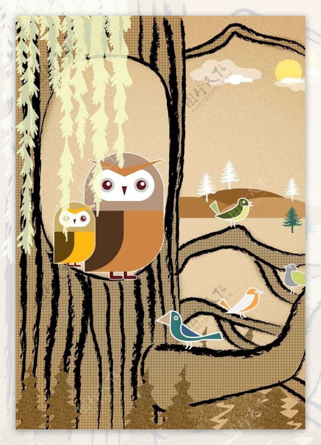 卡通树林猫头鹰图片