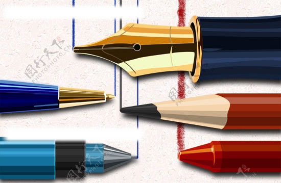 钢笔彩色铅笔蜡笔圆珠笔水笔PSD分层素材图片