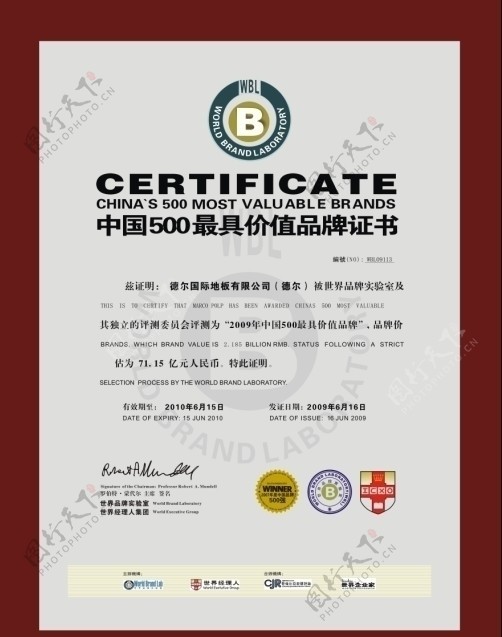 德尔地板2009中国品牌500强证书图片