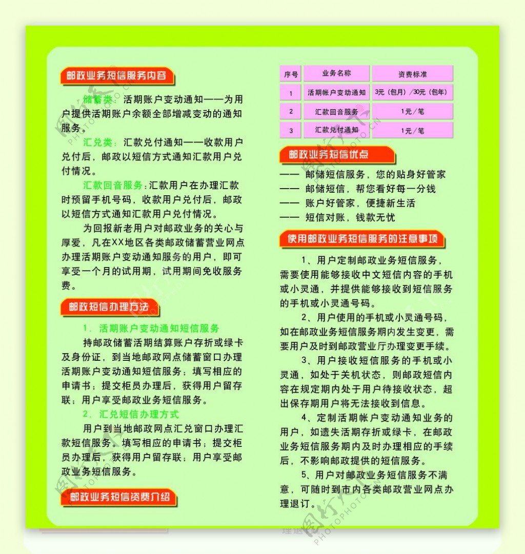 邮储银行短信业务二折业背面图片