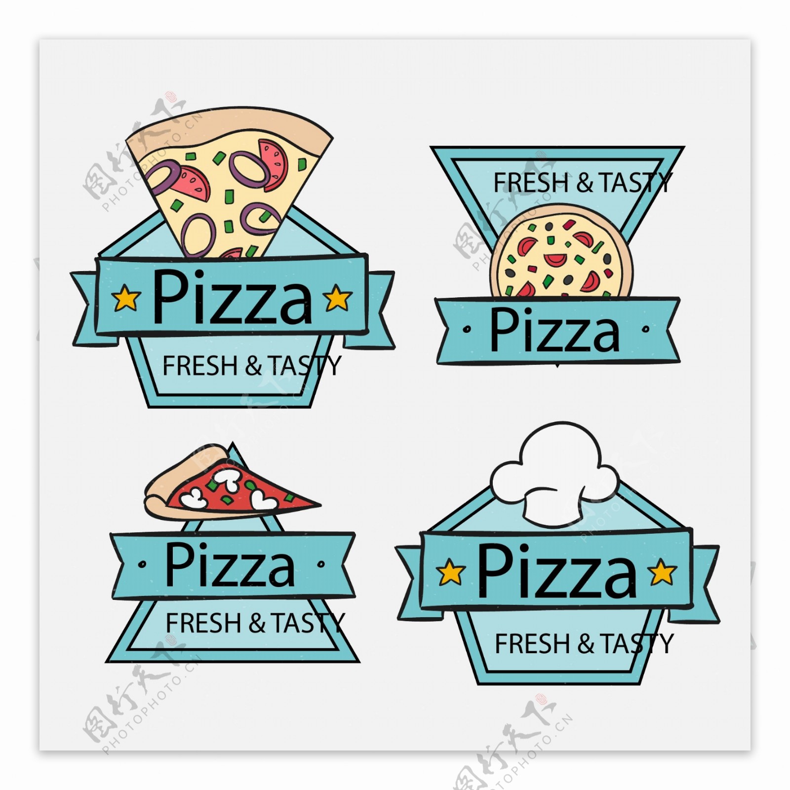 手绘蓝色披萨商标标志标签