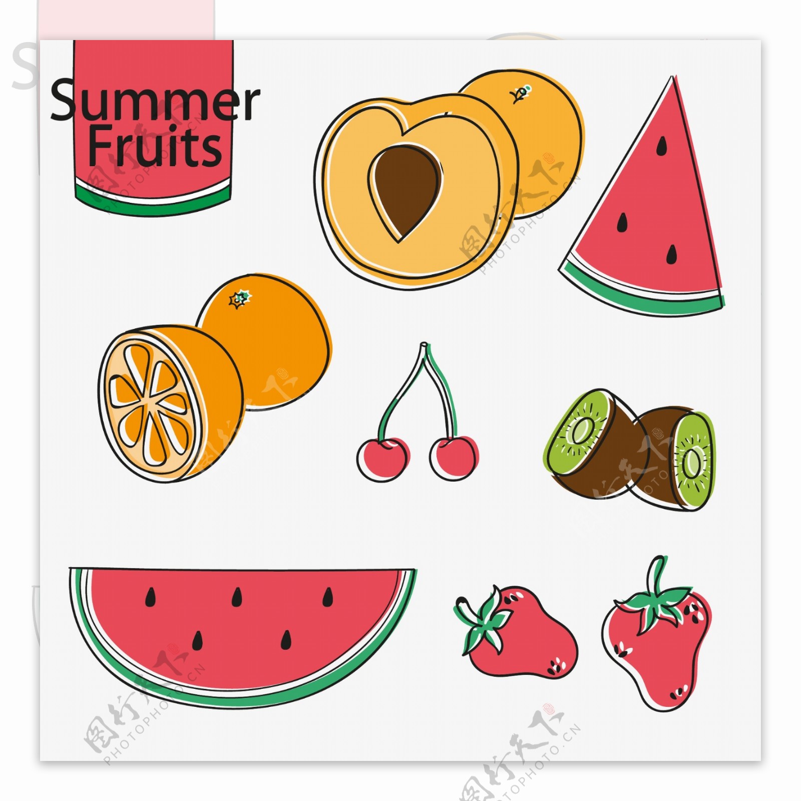 7款彩绘夏季水果矢量素材