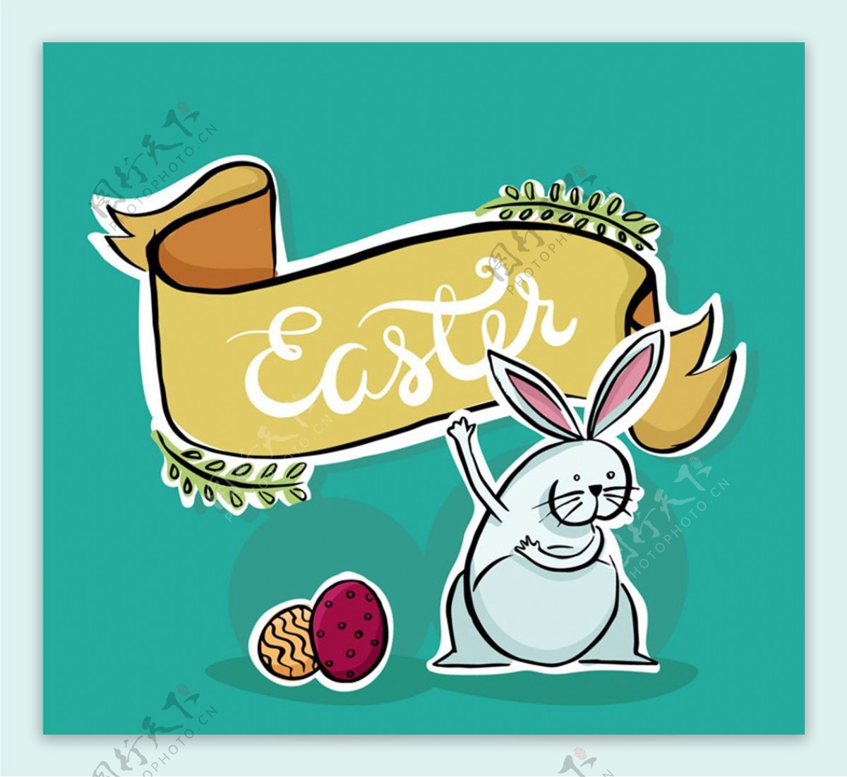 卡通灰兔子复活节贺卡矢量图
