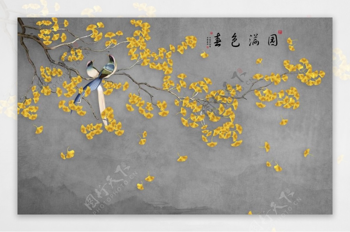 5d手绘花鸟春色满园银杏树背景