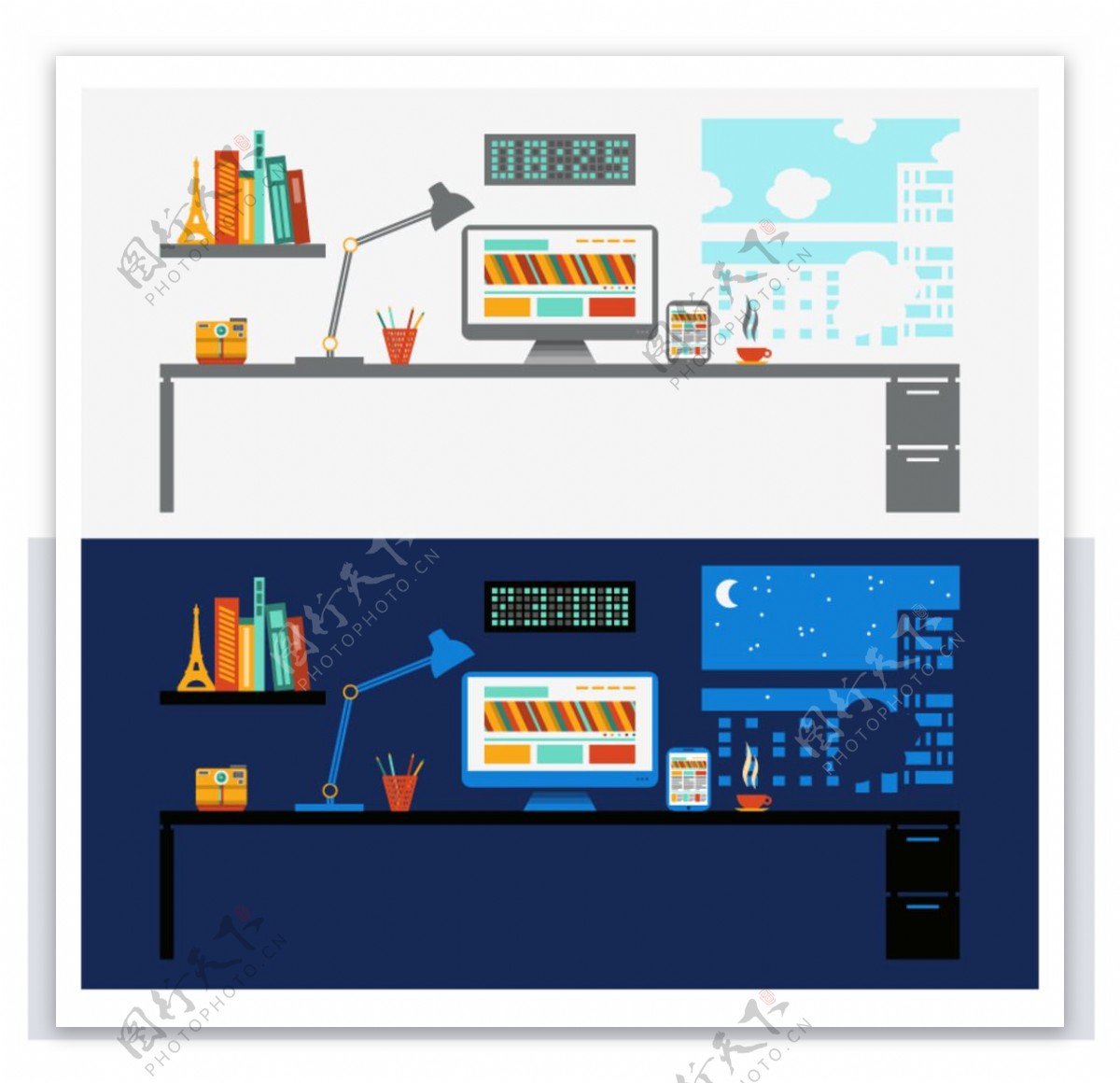 卡通工作台日与夜背景矢量素材