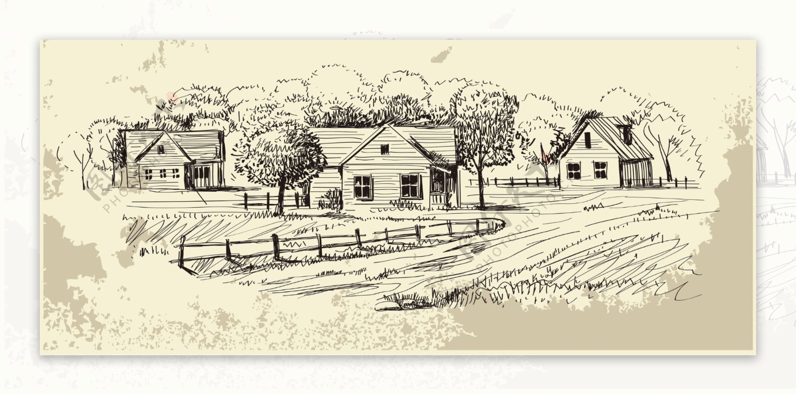 乡间的房屋素描画