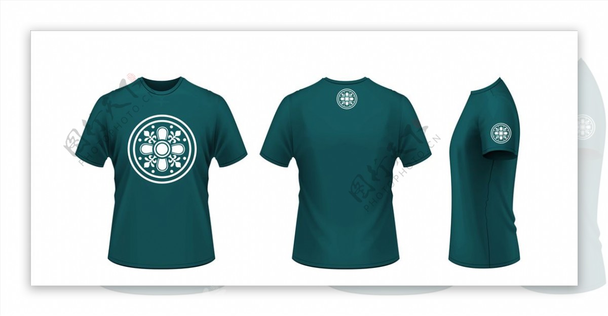 原创蓝绿色圆领T恤设计日式图案