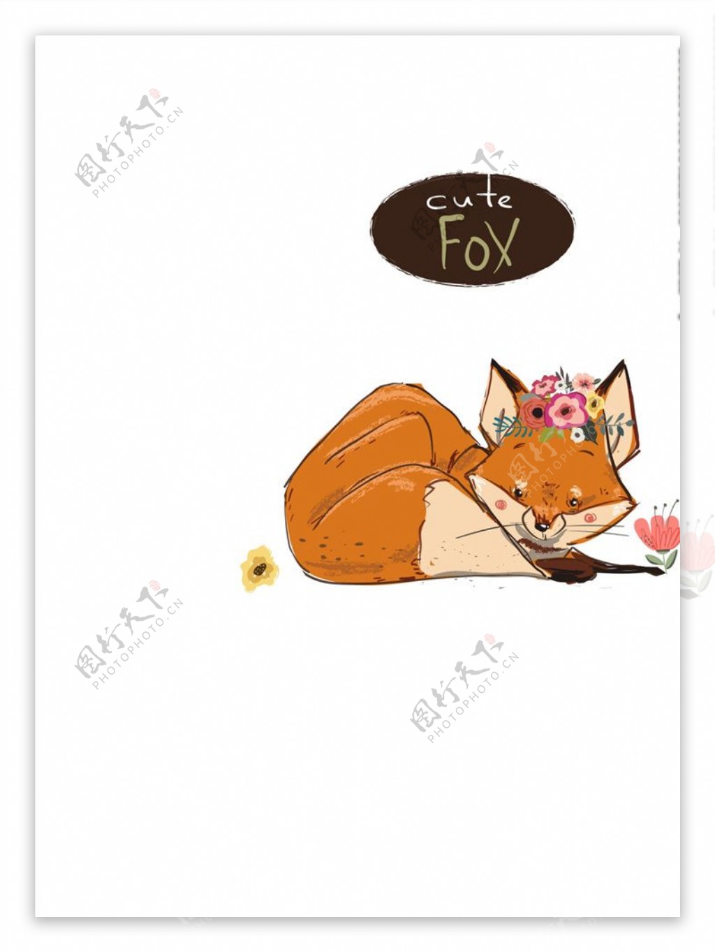 卡通狐狸花朵矢量图下载