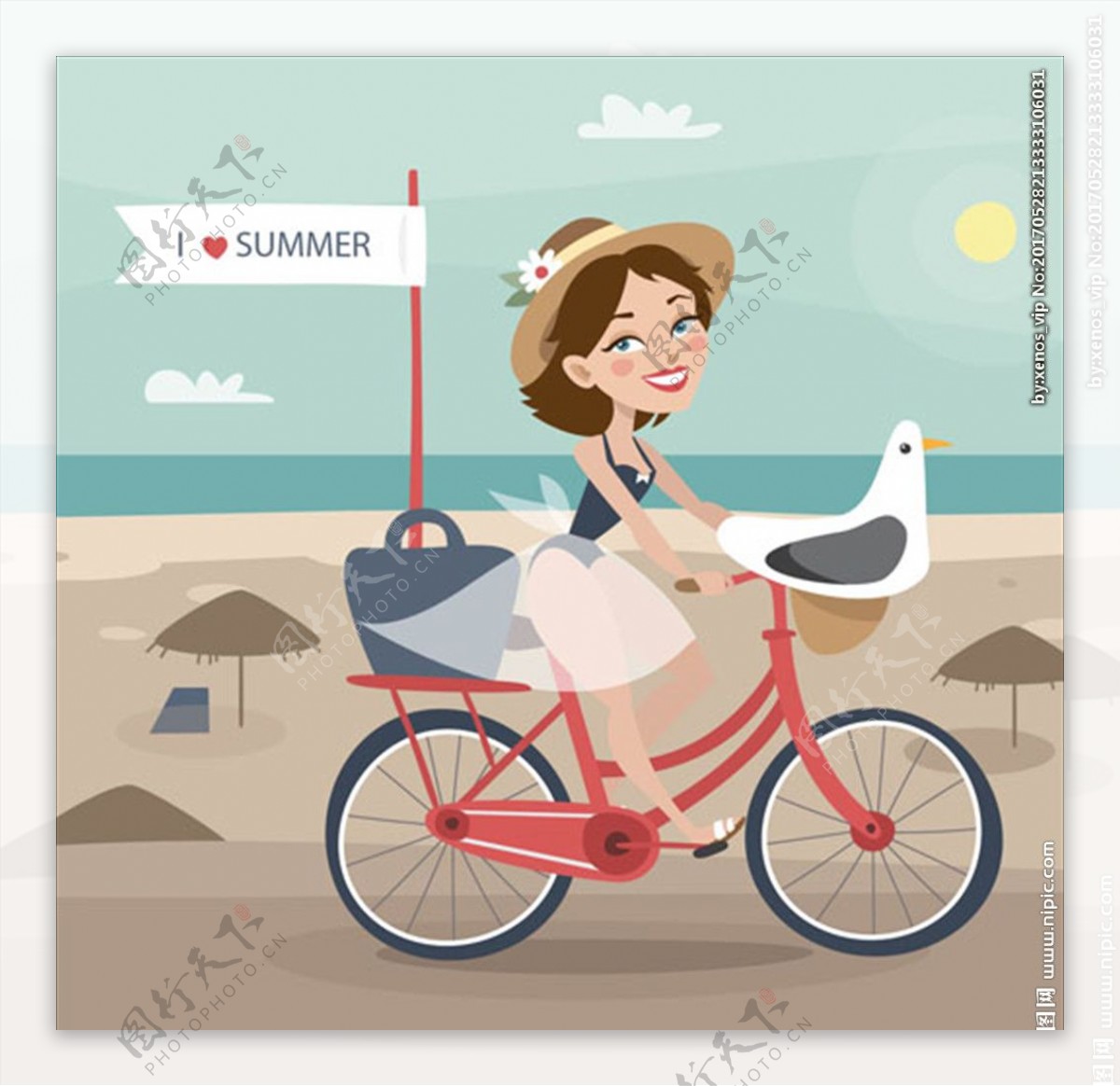 手绘在海滩上骑自行车的女人