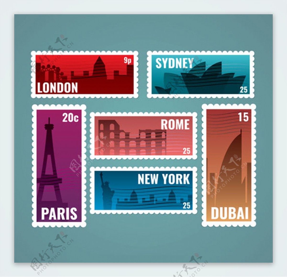 城市剪影的邮票